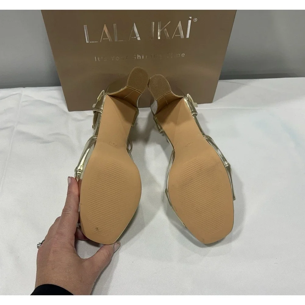 Lala Ikai Woman Metallic Gold Open Toe Platform Chunky Heels NEW Size 37.5 (7.5) - Picture 9 of 9